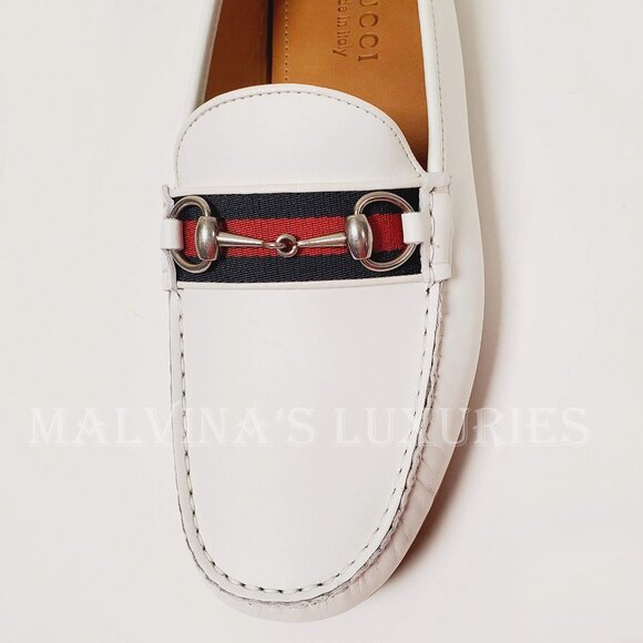GUCCI SHOES MENS DRIVER MOCCASINS HORSEBIT WEB WHITE LEATHER sz 8.5G 9 - Picture 11 of 16